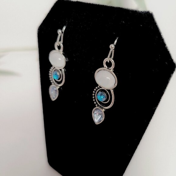 Silver Tone Drop Earrings with White, Aqua & Teal Stones - Picture 2 of 5